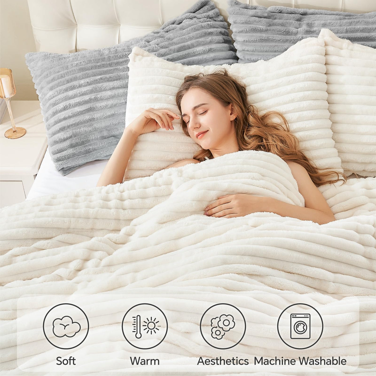 BEDELITE Fleece Queen Comforter Set, Fluffy Bed Set, Cream White