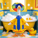 yuboo 23-Inch Porch Goose Raincoat Outfit - Summer Yellow Goose Clothes with Blue Pockets & Red Trim,Rainbow Umbrella Hat, Blue Sun Hat & Polka Dot Tie - Funny Garden Decor for Lawn & Yard