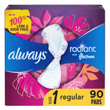 Always Radiant Feminine Pads for Women, Flexfoam Pads with Wings, Size 1, Regular Absorbency, Lightly Scented, 90 Count (Packaging May Vary)