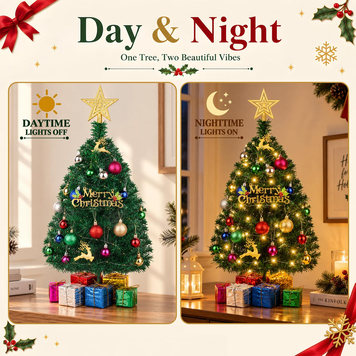 Small Mini Christmas Tree with Lights, 2 Ft Little Table Top Christmas Tree