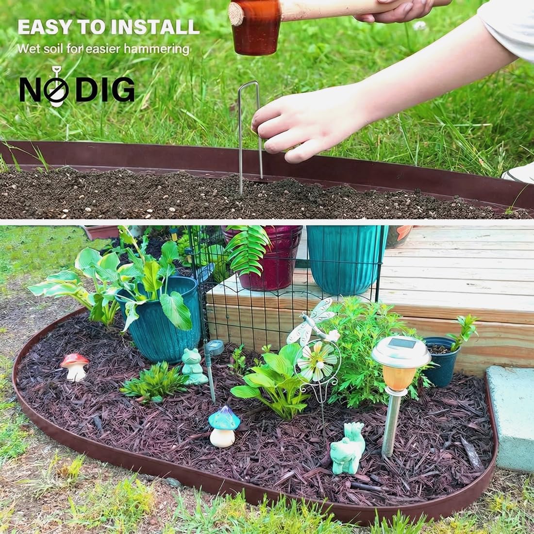 Landscape Edging, 3IN Tall Garden Edging Borders,Flexible Lawn Edging Border Kit,Mini Plastic Fence for Yard Flowerbeds,Grass (Brown, 3 in x 49 FT)