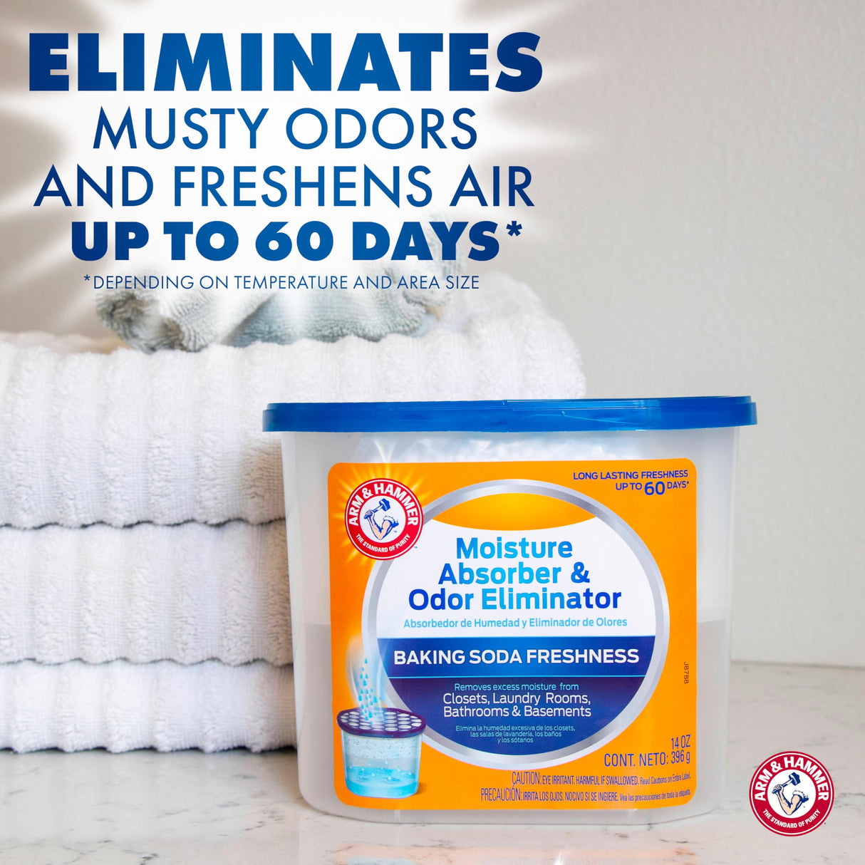 Arm & Hammer Fragrance Free Moisture Absorber and Odor Eliminator, 14 oz. Tub, 3 Ct, Attract and Trap Excess Moisture, Eliminate Musty Odors