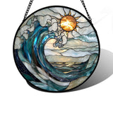 DASTOLL Stained Glass Window Hanging, Blue and White Waves Suncatcher Diamond Glass Panel Landscape Sun Catchers Decor for Birthday for Women, Men, Wife, Aunt, and Mom 7.8 in