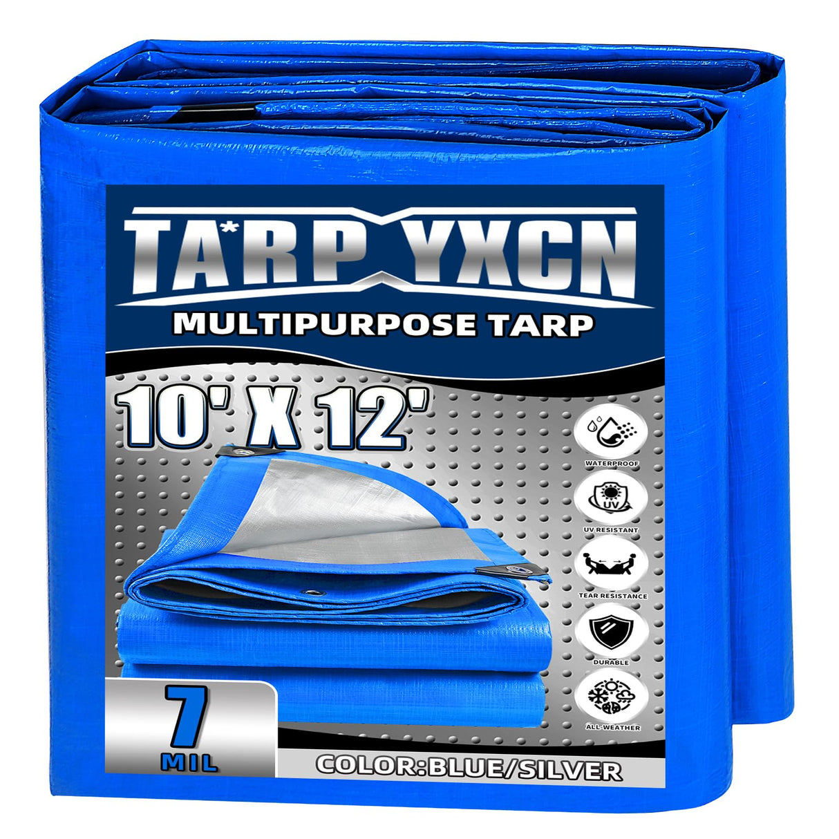 TA*RP YXCN Tarp 10x12 Feet, 7 Mil Thick Waterproof Poly Tarps Cover UV Resistant, Rip & Tear Proof with Metal Grommets Every 20 Inche (Blue/Silver)