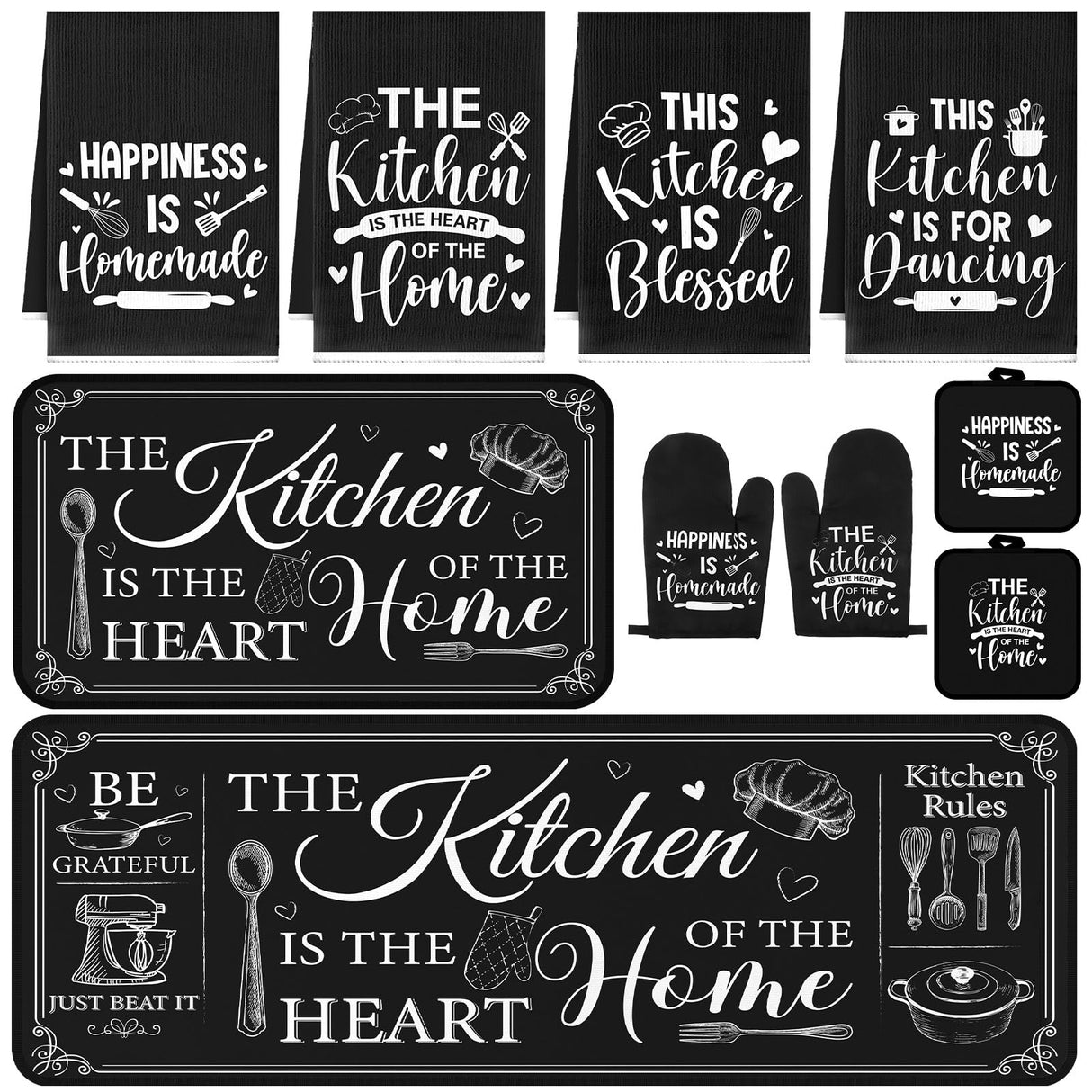 Fourluoo 10 Pcs Farmhouse Kitchen Decor and Accessories Set 4 Kitchen Towels 2 Pot Holders 2 Oven Mitts 2 Rugs for Christmas Thanksgiving Cooking Baking Daughter Mom Gifts(Black,Classic Style)