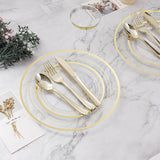 BESTVIP 600PCS Clear Gold Dinnerware Set for 100 Guests, Plastic Plates for Party, Christmas and New Year, 100 Disposable Plates, 100 Dessert Plates, 100 Cups, 100 Spoons, 100 Forks and 100 Knives