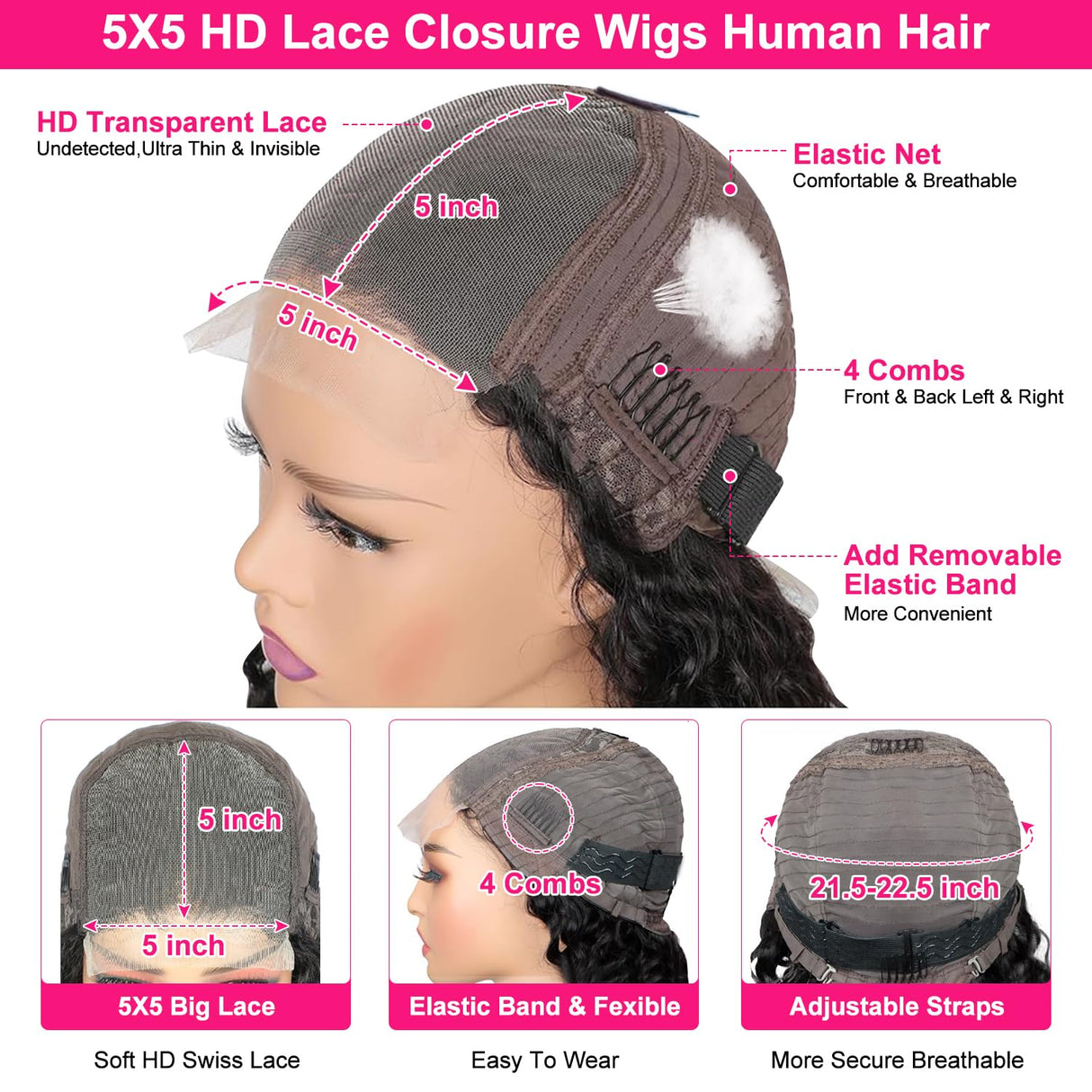 Brazilian Virgin 24 Inch 5x5 HD Lace Closure Deep Wave Wig - Human Hair, Glueless, Pre-Plucked, Deep Curly, 180% Density