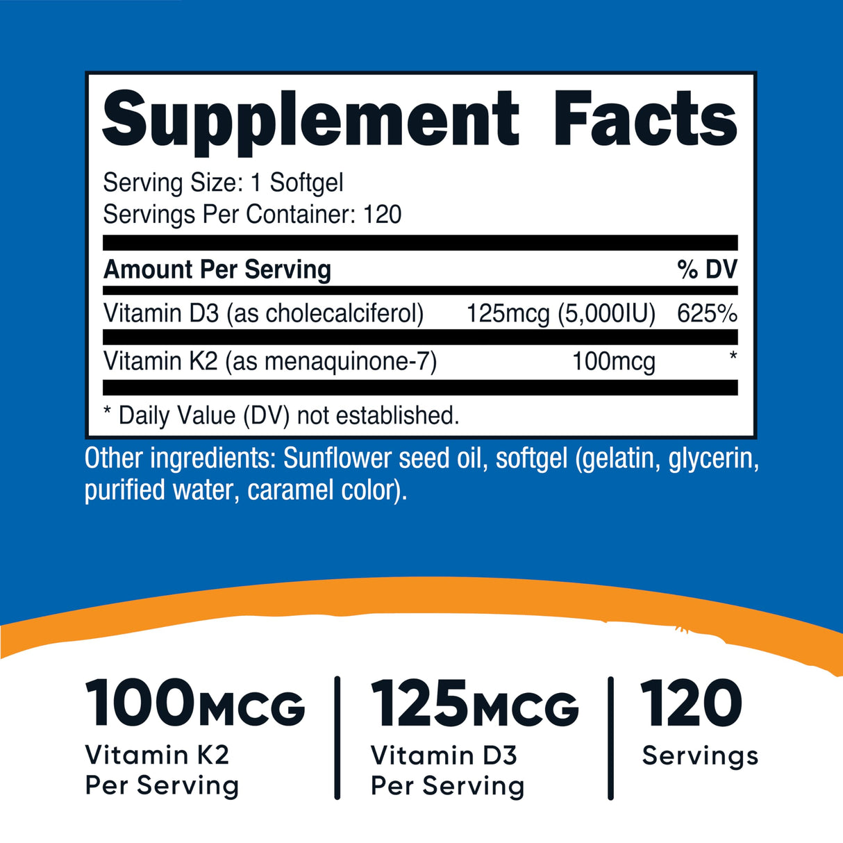 Nutricost Vitamin K2 (MK7) (100mcg) + Vitamin D3 (5000 IU) 120 Softgels - Gluten Free and Non-GMO (Pack of 2)