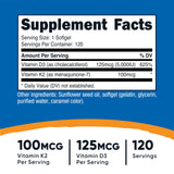 Nutricost Vitamin K2 (MK7) (100mcg) + Vitamin D3 (5000 IU) 120 Softgels - Gluten Free and Non-GMO (Pack of 2)