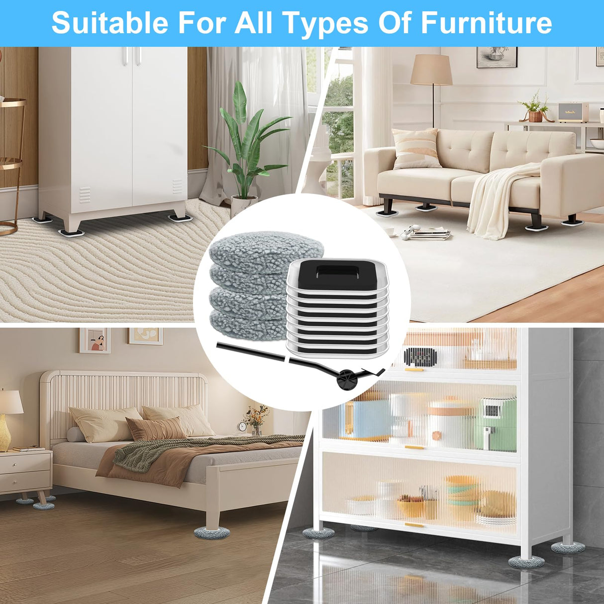 New Upgrade Furniture Sliders, Multi-Surface 3-in-1 Furniture Movers Sliders, Heavy Moving Pads with 8PCS 4.3" Carpet Sliders+4PCS Hard Floor Socks+1 Lifter, Protect Floor and Easily Move Furniture