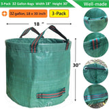 Standard 3-Pack 32 Gallon Lawn Garden Bags (D18,H30 inch) Yard Waste Bags with Gardening Gloves - Reusable Leaf Bags,Yard Debris,Trash Container,Plant Trimmings Bag,Grass Clippings,Weeds Bag 4 Handles