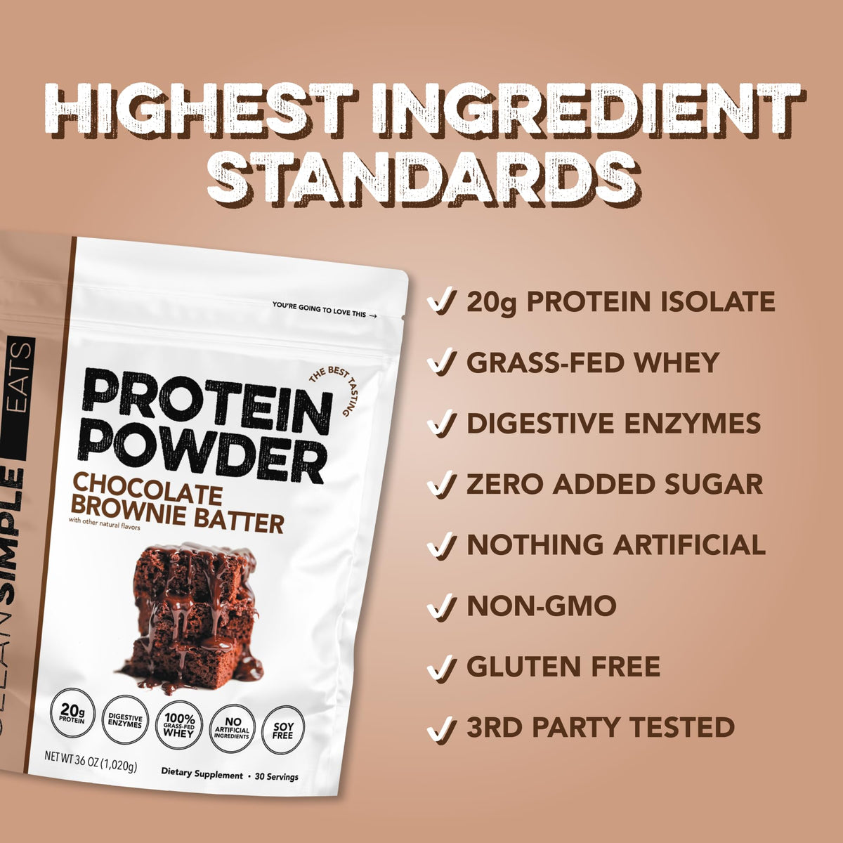 Clean Simple Eats Whey Isolate Protein Powder, Brownie Batter, 30 Servings