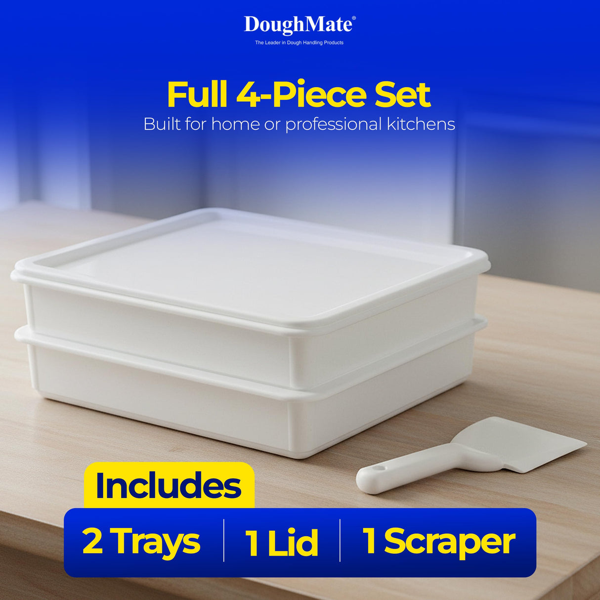 DoughMate® Artisan Kit – 2 Pizza Dough Proofing Trays, 1 Lid, and Dough Scraper – Food Contact Certified, Stackable, Made in USA