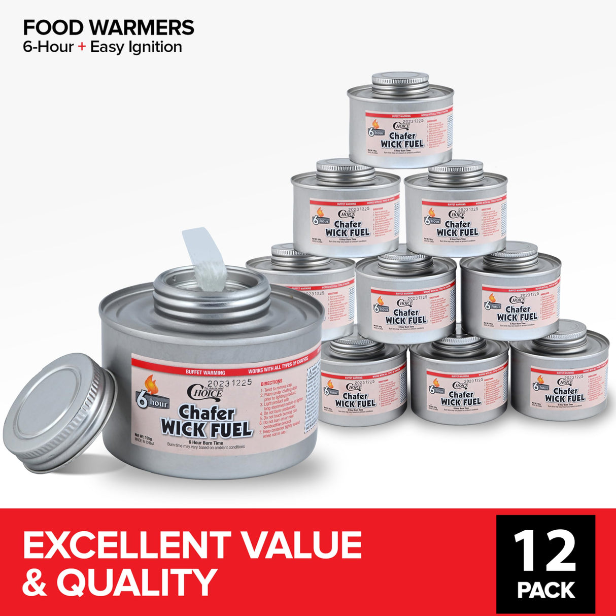 6-Hour Food Warmers for Parties (12 Pack), Chafing Fuel Cans with Wick and Safety Twist Cap, Catering Food Warmers for Buffets, Parties, Weddings, Long Lasting Burners for Food Warmer, Food Heater