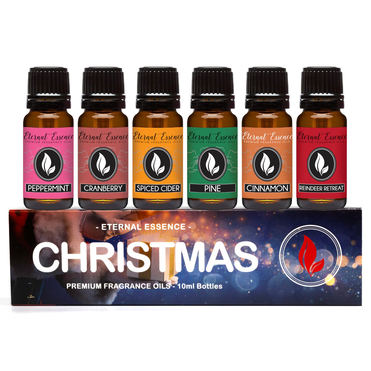 Eternal Essence Oils Christmas Set of 6 Premium Fragrance Oils - Peppermint, Cranberry, Spiced Cider, Pine, Cinnamon and Reindeer Retreat - for Diffusers, Candle & Soap Making, & Aromatherapy - 10ML