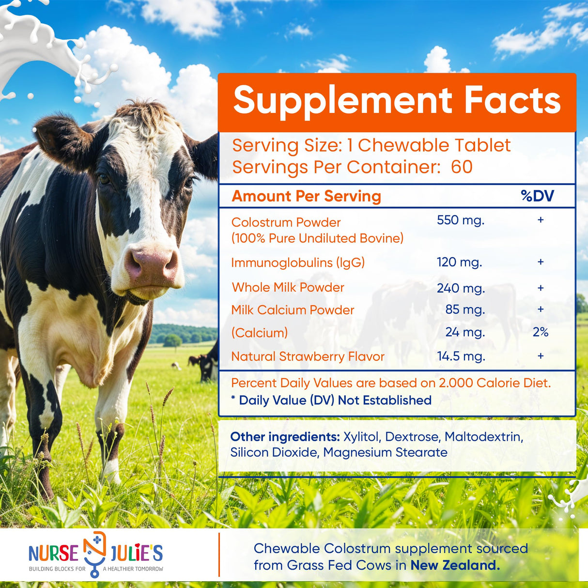 Nurse Julie's Chewable Colostrum Tablets for Kids - 100% Grassfed New Zealand Colostrum - Immune Support, Gut Health in Children - 60 Tablets - 2 Month Supply