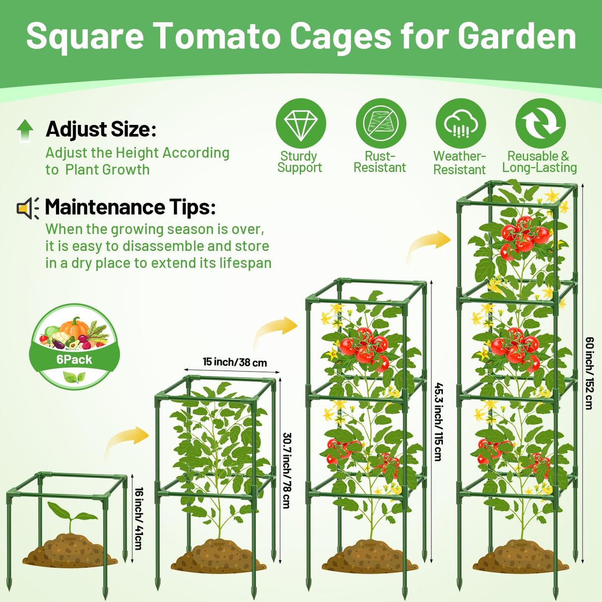 Legigo 6 Pack 60 Inch Tomato Cages for Garden, Heavy Duty Tomato Trellis