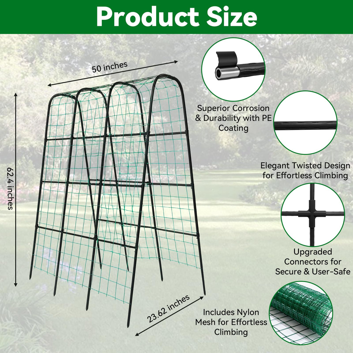 Trellume Cucumber Trellis - 62.4"*50" Cucumber Trellis for Raised Bed with Plastic-Coated Steel Pipe, U-Shape Garden Trellis for Climbing Plants, Garden Trellis for Cucumbers, Beans(Black)