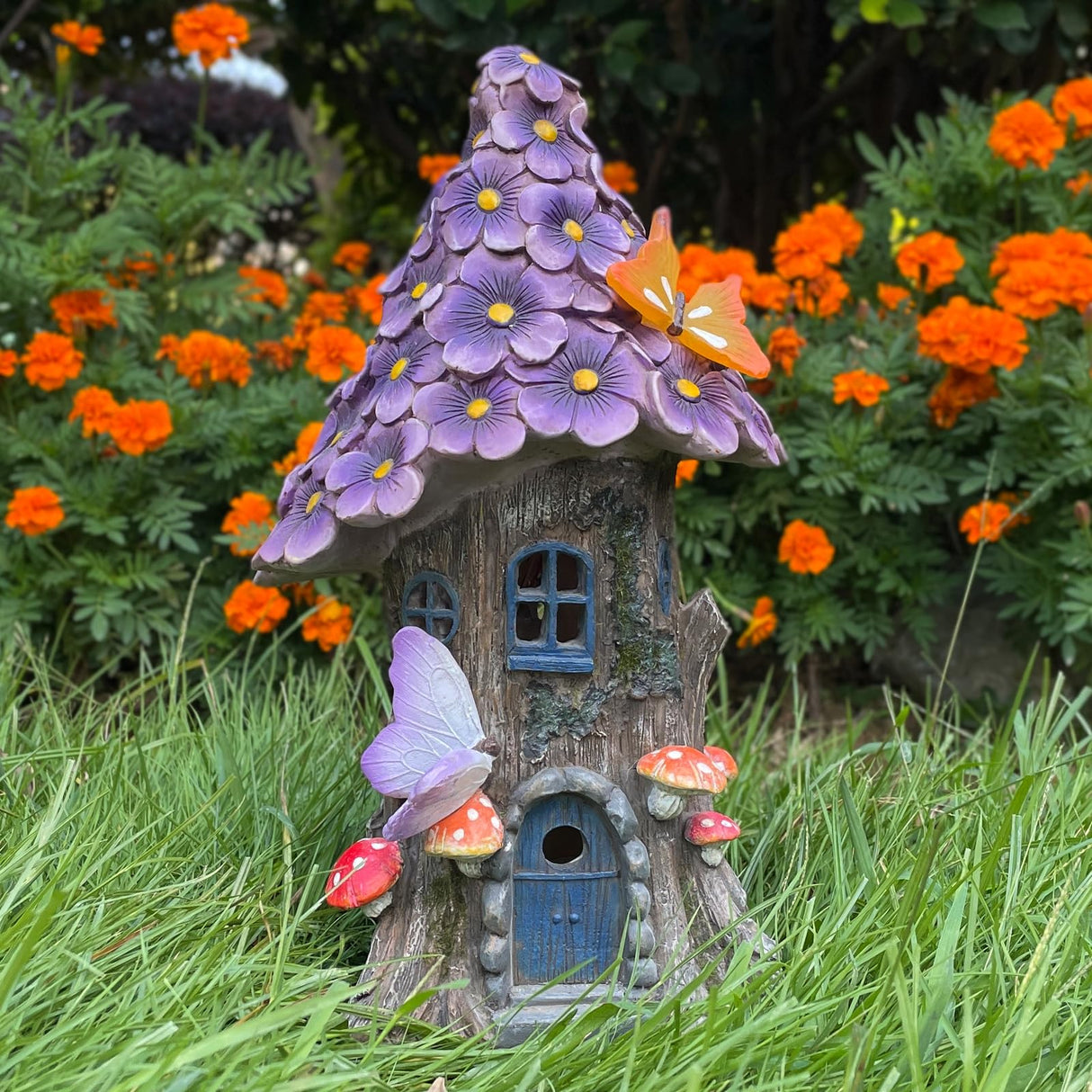 COWOS Mushroom House Statue, Garden Decor Outdoor Solar Statues, Solar Garden Statue Lights, Fairy Garden Decorations, Mushroom Fairy House Figurine with Butterflies and Flowers for Yard Decor