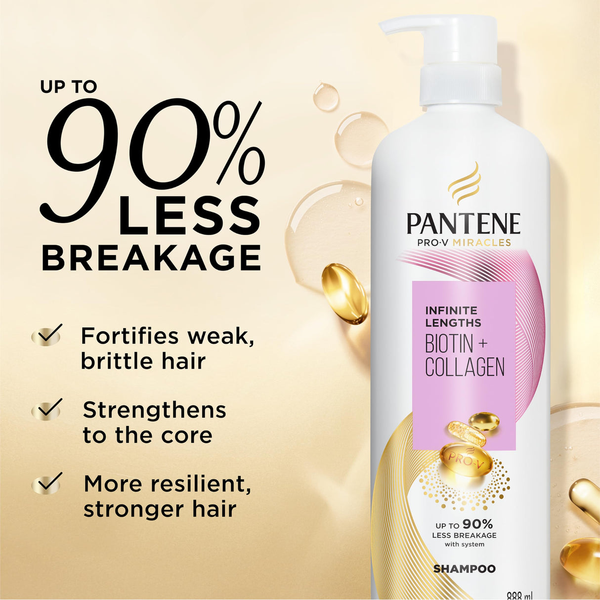 Pantene Infinite Lengths Shampoo, Sulfate Free with Biotin + Collagen, Strengthens Brittle Hair, Up to 90% Less Breakage, Safe for Color Treated Hair, Pro-V Miracles, Floral Scent, 30 Fl Oz