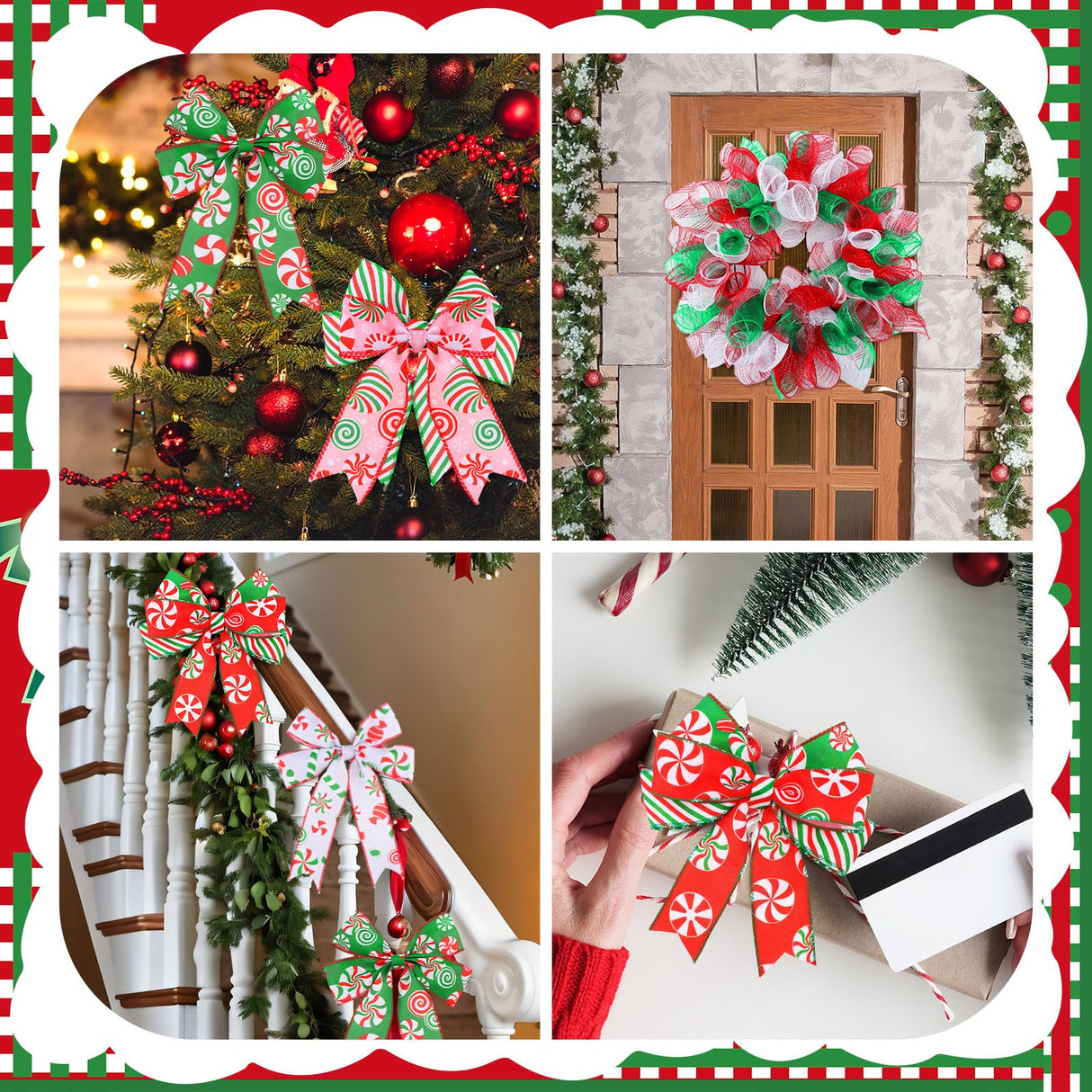 Yuefunny 10 Pcs Christmas Ribbon Including 4 Rolls Mesh Ribbon 6 Rolls Xmas Candy Peppermint Wired Edge Wreath Metallic Wrapping Crafts for Xmas Party Home Decorative DIY Craft