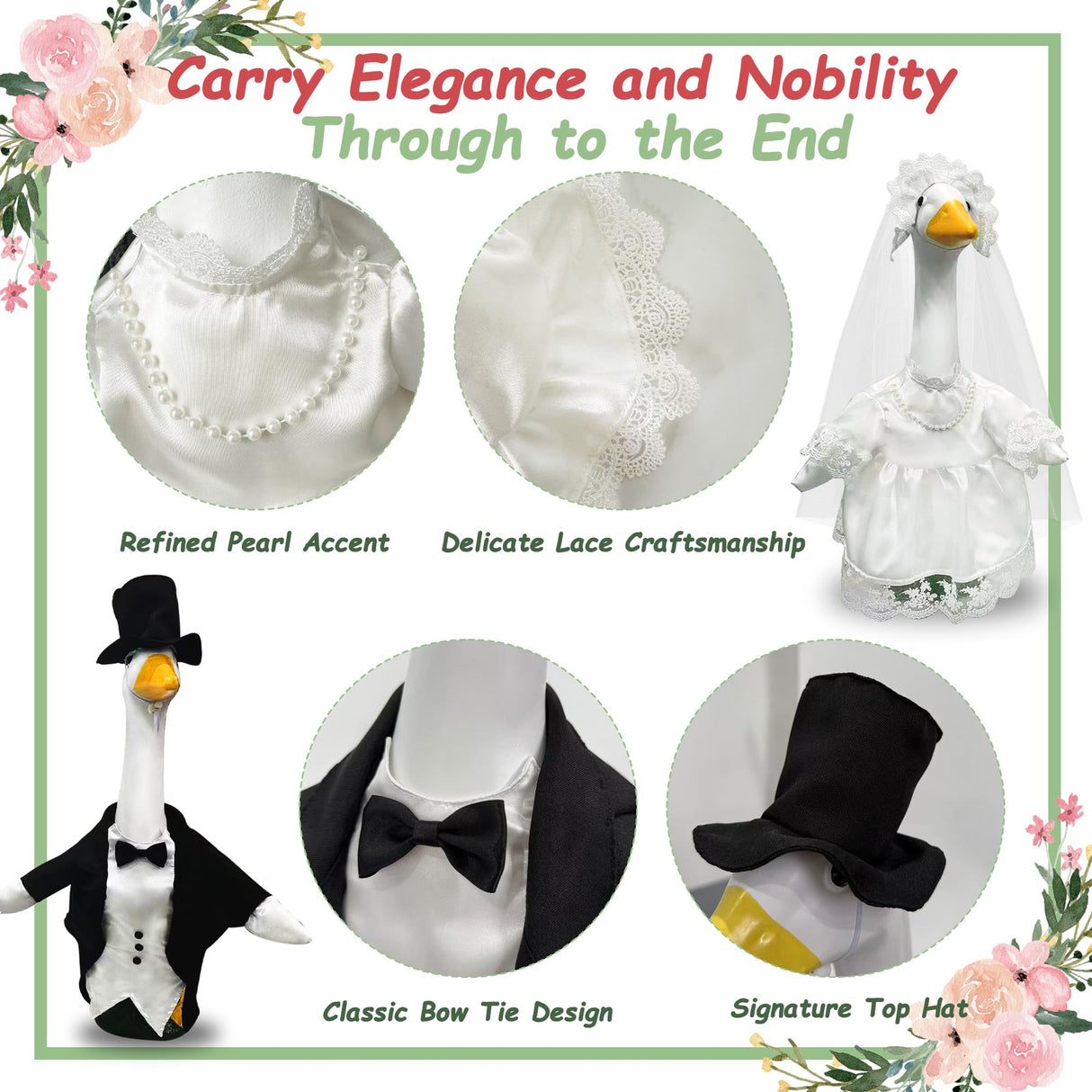 Frebento 2 Sets Porch Goose Wedding Outfit for 23'' Goose, Goose Couple Bride Groom Tuxedo Suit, Wedding Decor Gift for Couples Bridal Shower Party