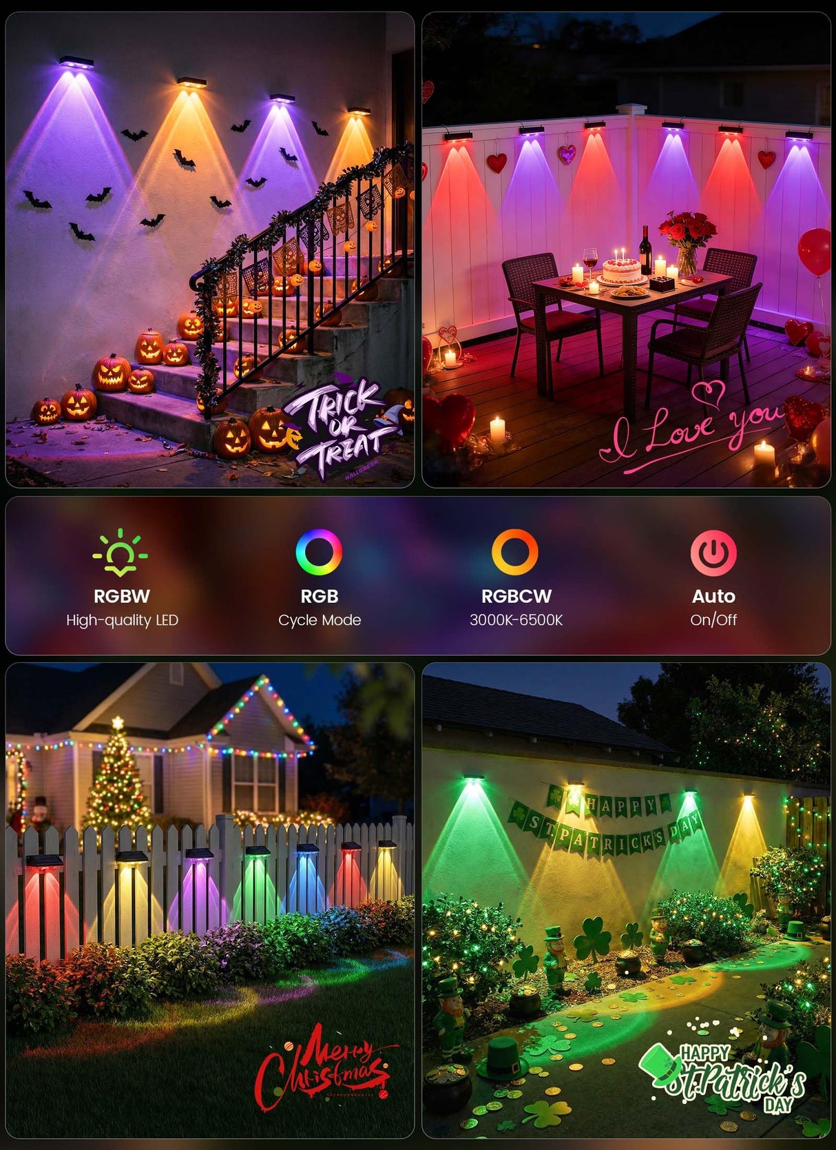 Brightown 4 Pack Solar Lights Outdoor Waterproof, Color Changing Solar Fence Deck Step Flood Lights, Warm White & RGBCW 11 Color, IP65 Waterproof Garden Lights