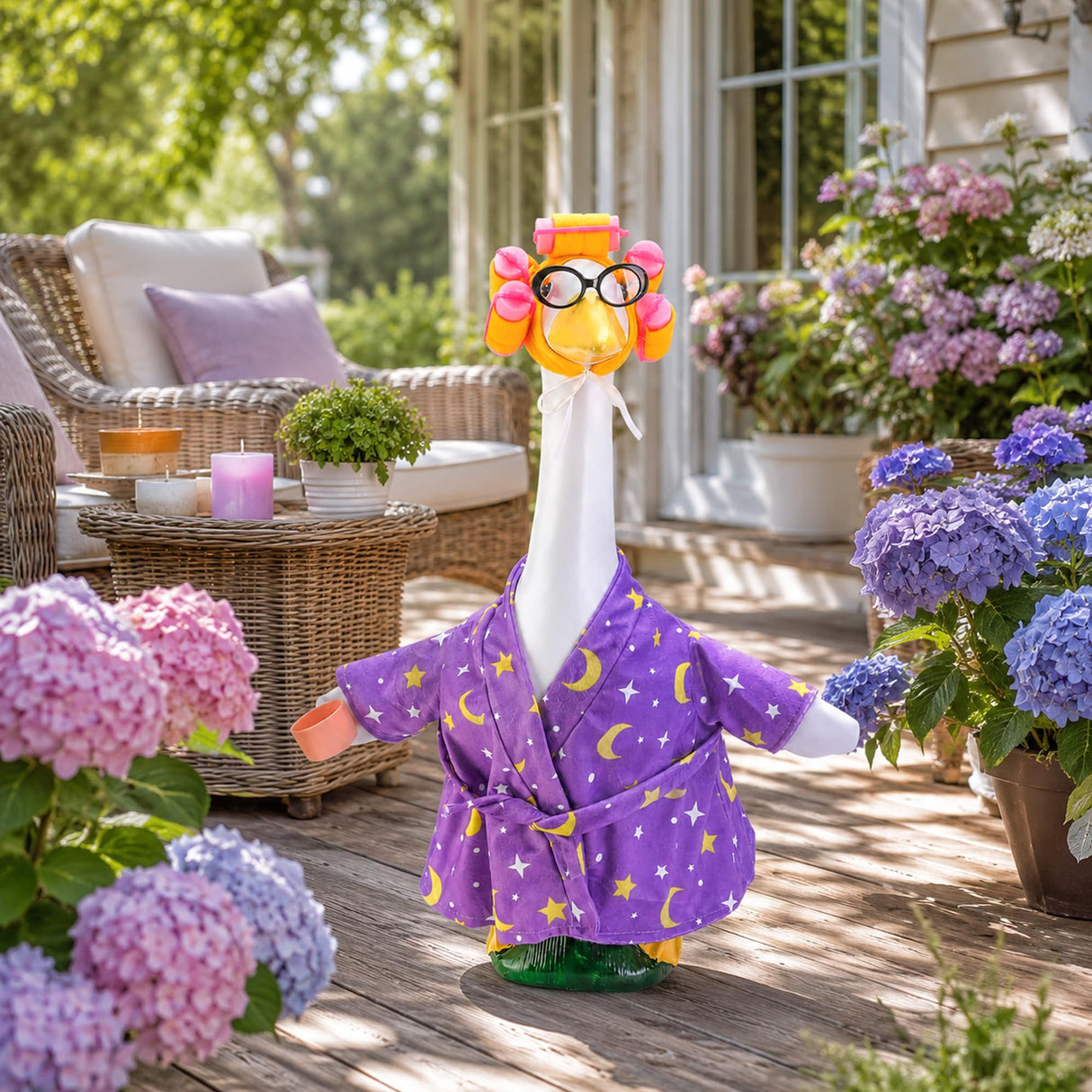 DECOHS 4 Pcs Bathrobe Porch Goose Outfit, Lawn Goose Statue Costume with Star and Moon Print, Yard Goose Bathrobe Curlers Glasses Cup Outfit for 23" Statue Patio Garden Decoration (Purple)
