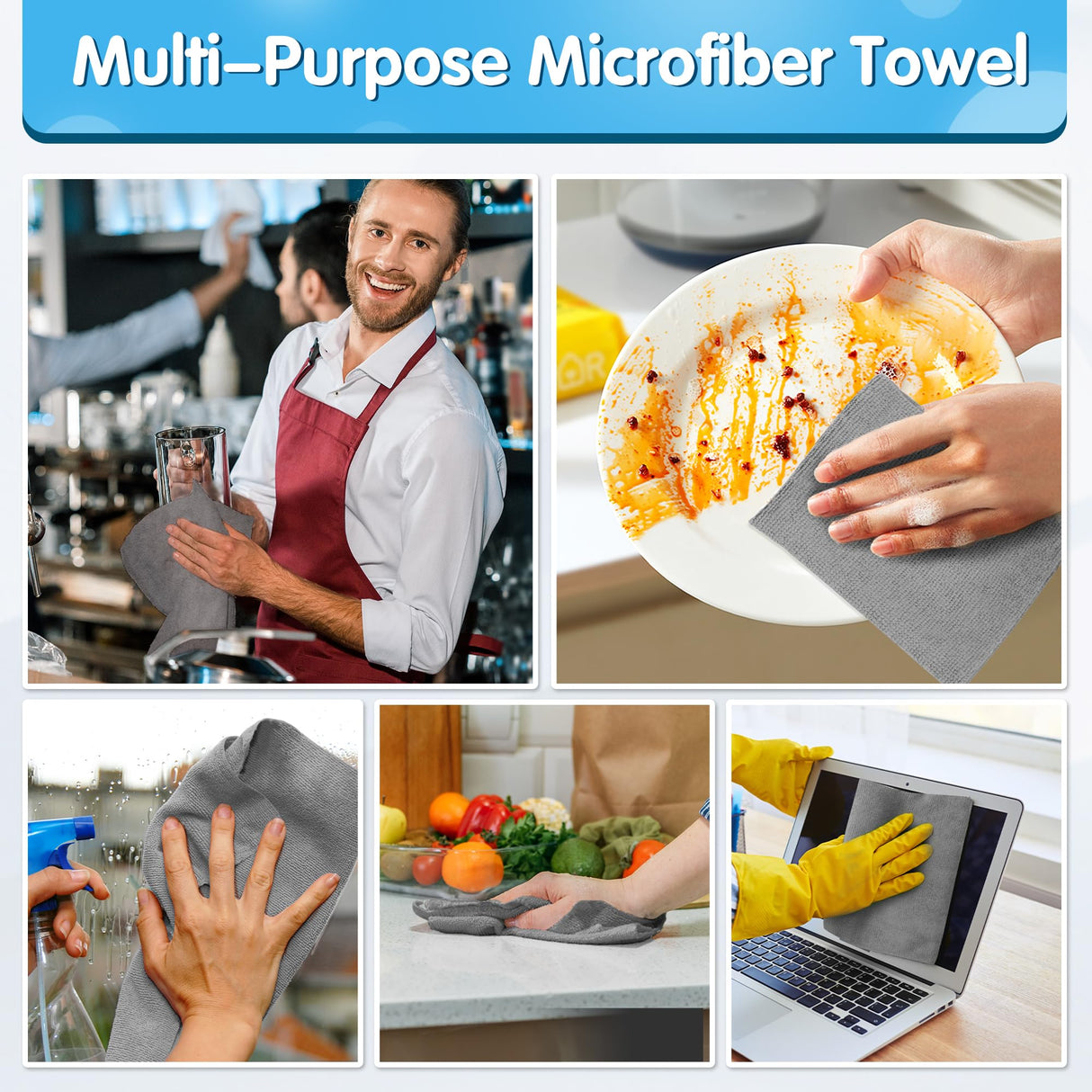 FIXSMITH Grey Microfiber Cleaning Cloth, Pack of 50, 16"X12" Cleaning Rags for Housekeeping and Kitchen, Reusable Shop Towels, Microfiber Towels for Cars, Lint Free, Scratch-Free, Highly Absorbent