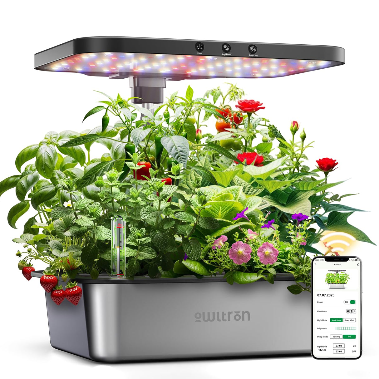 owltron Smart Hydroponics Growing System Kit,15 Pods Indoor Herb Garden with 36W LED Grow Light & APP Control, Planting Height Up to 30", Quiet Water Pump, Ideal Gift for All Ages Dark Silver