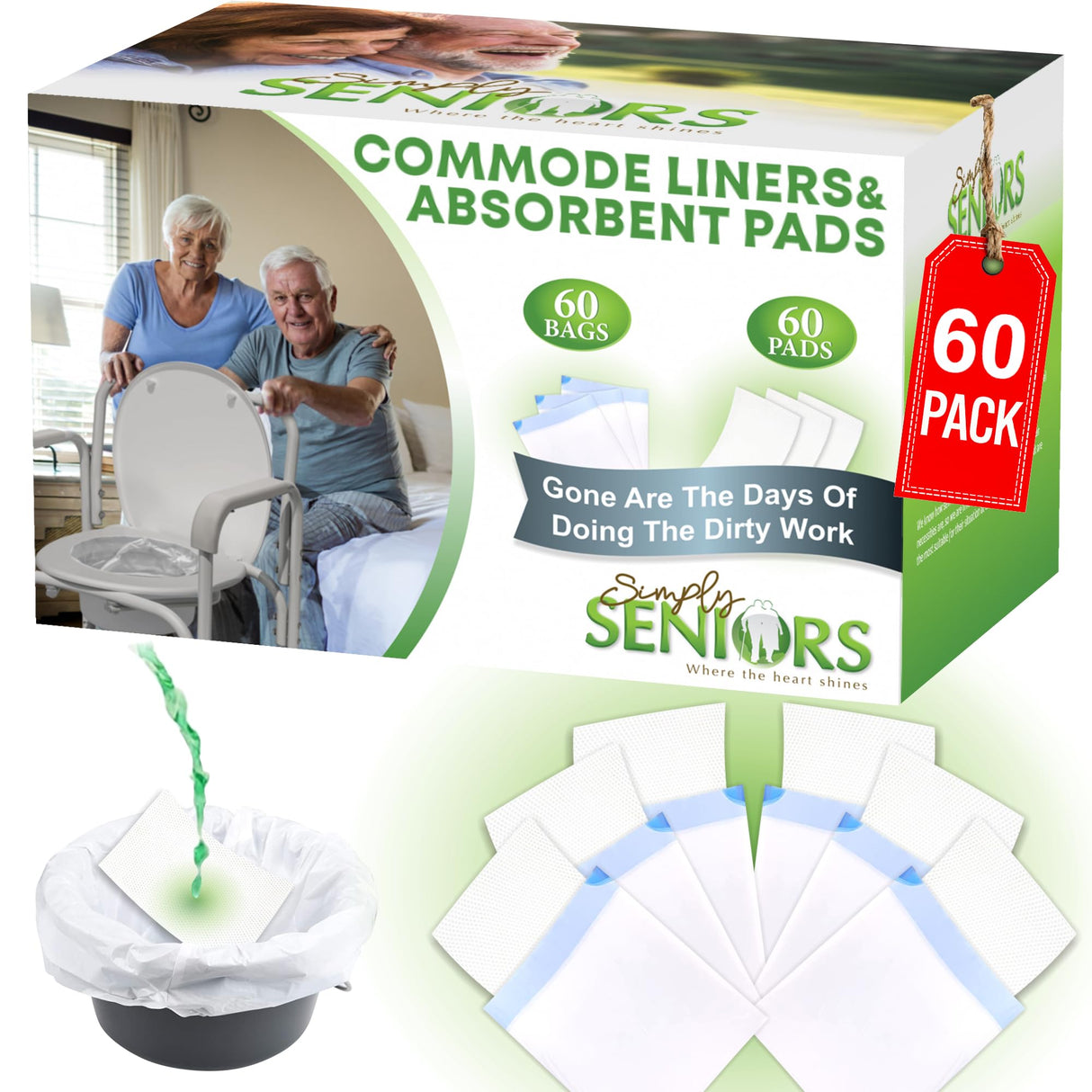 Commode Liners with Absorbent Pads - 60 Bedside Commode Liners & Pads - Portable Toilet Bags for Porta Potty & Camping - No More Days Washing The Bucket of The Commode Chair for Toilet with Arms
