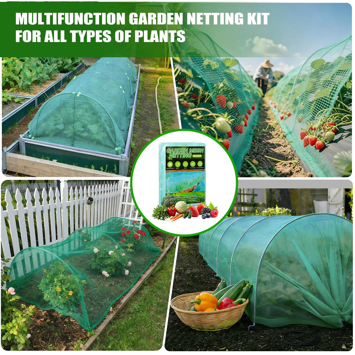 Garden Mesh Netting Kit, 10x30FT Green Ultra Fine Netting & 6 Sets 8FT Fiberglass Garden Hoops with Stake, Garden Netting with Frame for Raised Beds, Garden Hoops and Netting, Row Cover, Plant Barrier