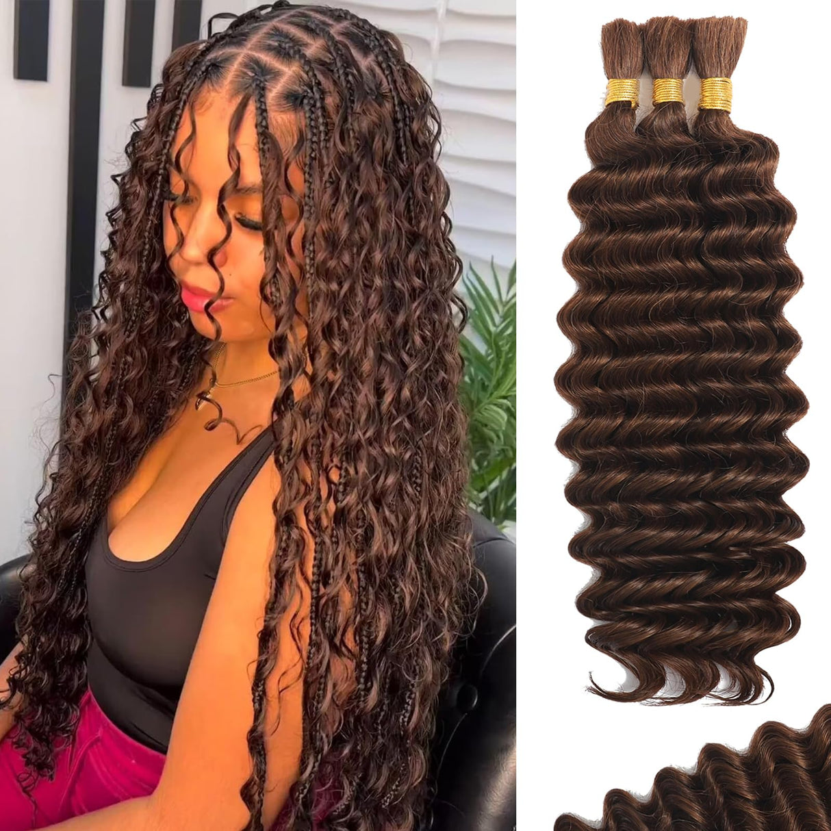 Human Braiding Hair for Boho Braids Human Hair 110g 20 Inch Curly Boho Hair for Braiding Knotless 12A Deep Wave Bohemian 3 Bundles/Pack Chocolate Brown