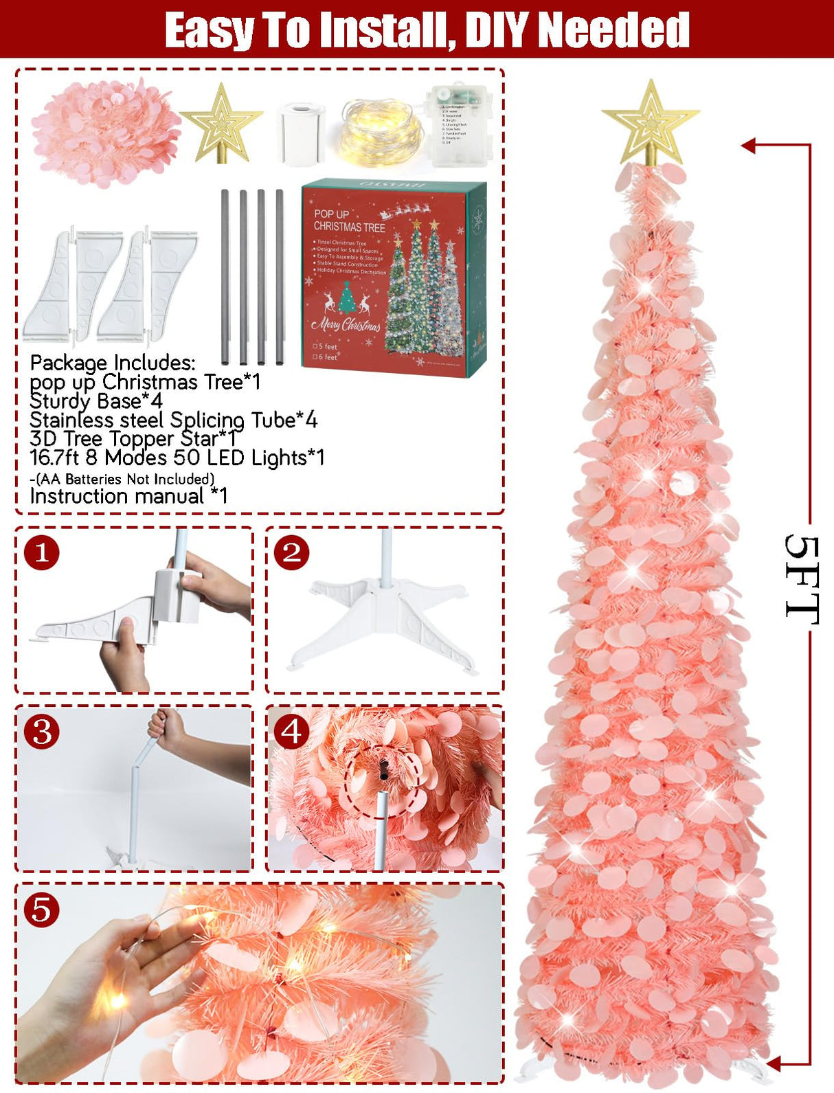 HMASYO 5 FT Pop Up Christmas Tree with Timer Lights, Pink Christmas Tinsel Tree, Collapsible Artificial Pencil Christmas Tree for Indoor Home Apartment Porch Holiday Party Decorations