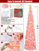 HMASYO 5 FT Pop Up Christmas Tree with Timer Lights, Pink Christmas Tinsel Tree, Collapsible Artificial Pencil Christmas Tree for Indoor Home Apartment Porch Holiday Party Decorations