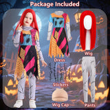 Kids Christmas Nightmare Costume Girls Halloween Costumes Long Sleeve Dress with Patch Pattern Movie Character Cosplay Outfit with Accessories Red Wig Stickers DY003M