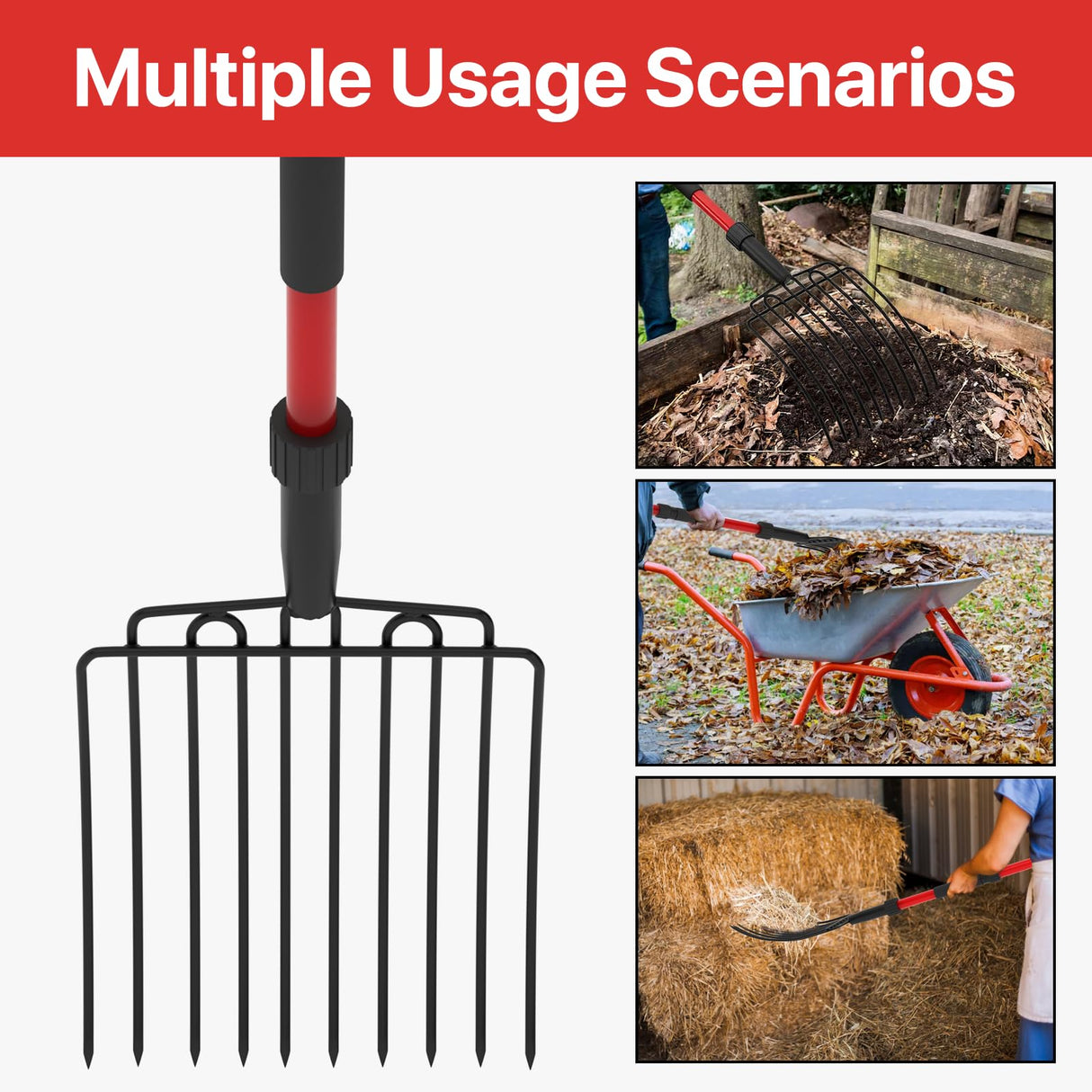 COSITA Pitch Fork for Garden, Wide Pitchfork with 10 Metal Tines, Heavy Duty Garden Fork with Fiberglass Handle 44-Inches, Chicken Coop Pitchforks for Manure, Mulching, Composting, Red