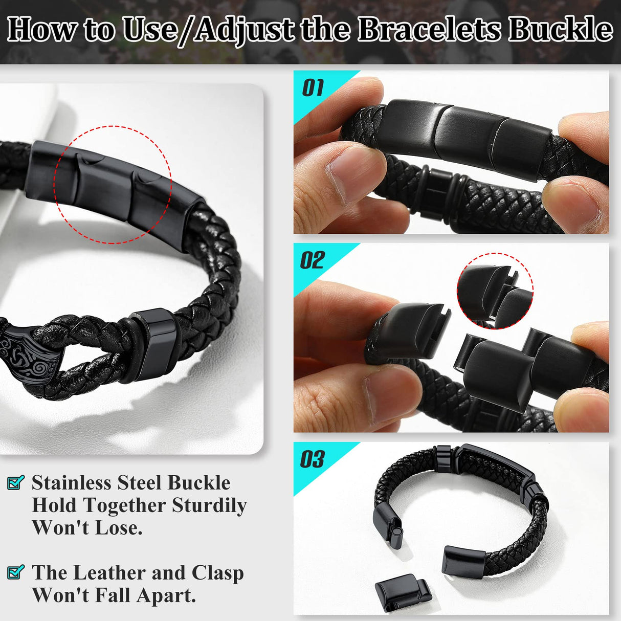 Bestyle Solid Black Freemason Symbol Masonic Leather Braided Bracelets for Men Vintage Cuff Bangle Bracelets Wrist Leather Band With Study Clasp