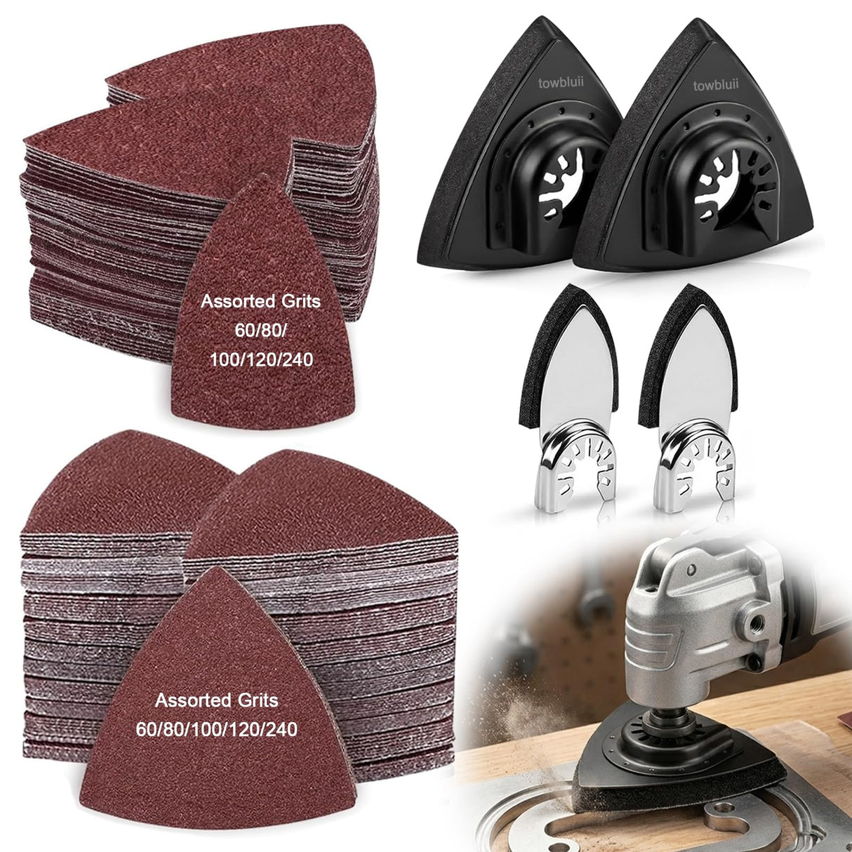 Towbluii Multitool Sanding Pads for Detail Wood Finishing, Multi-Grit Assorted Sandpaper with Triangle & Finger Attachments, Durable Hook and Loop Sanding Sheets for Furniture & Edge Work（105p