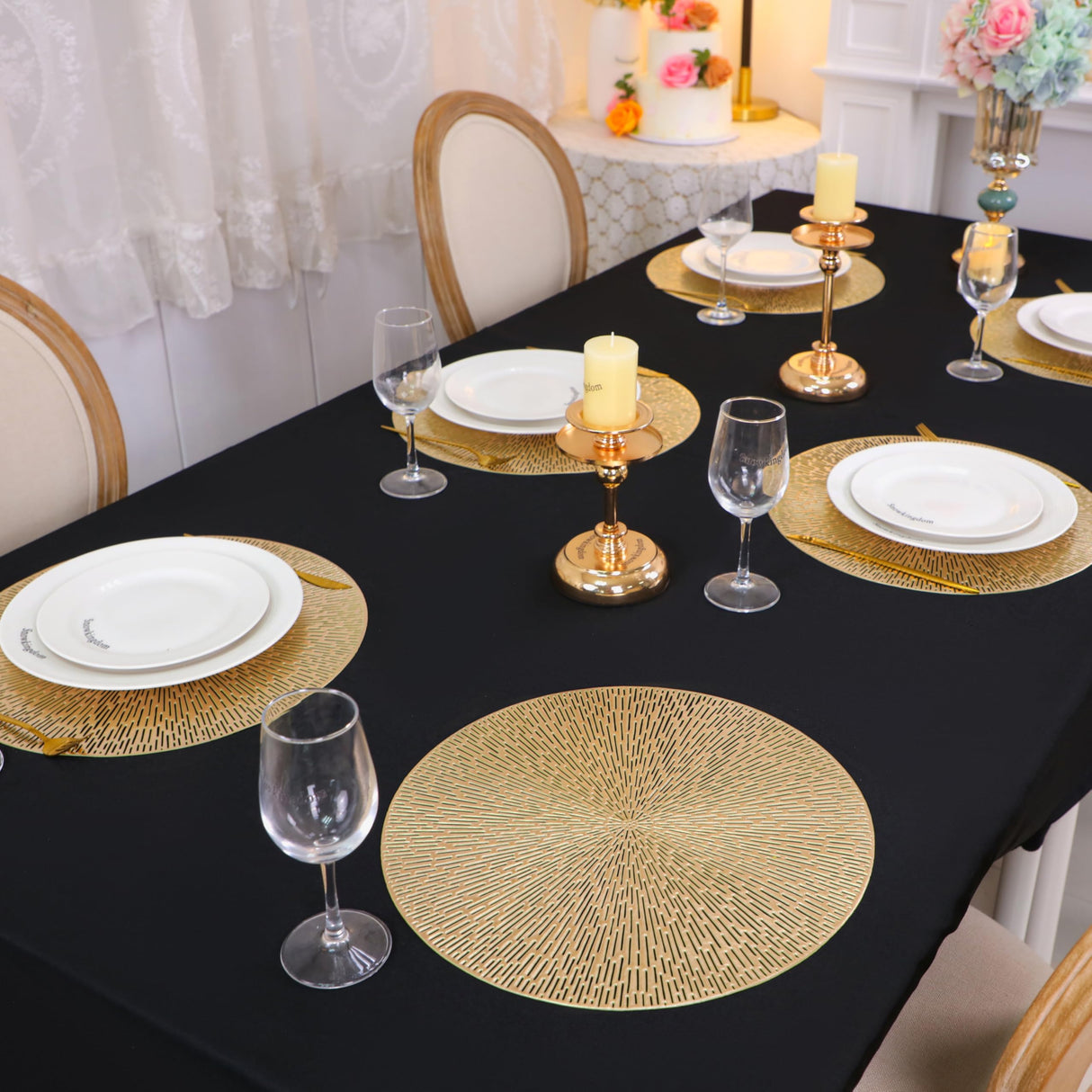Snowkingdom Round Gold Placemats Set of 12, Gold Vinyl Metallic 15 Inch Round Placemat, Washable Wipeable Hollow Place Mats Non Slip Dining Table Mats for Halloween Wedding Party Christmas Decoration
