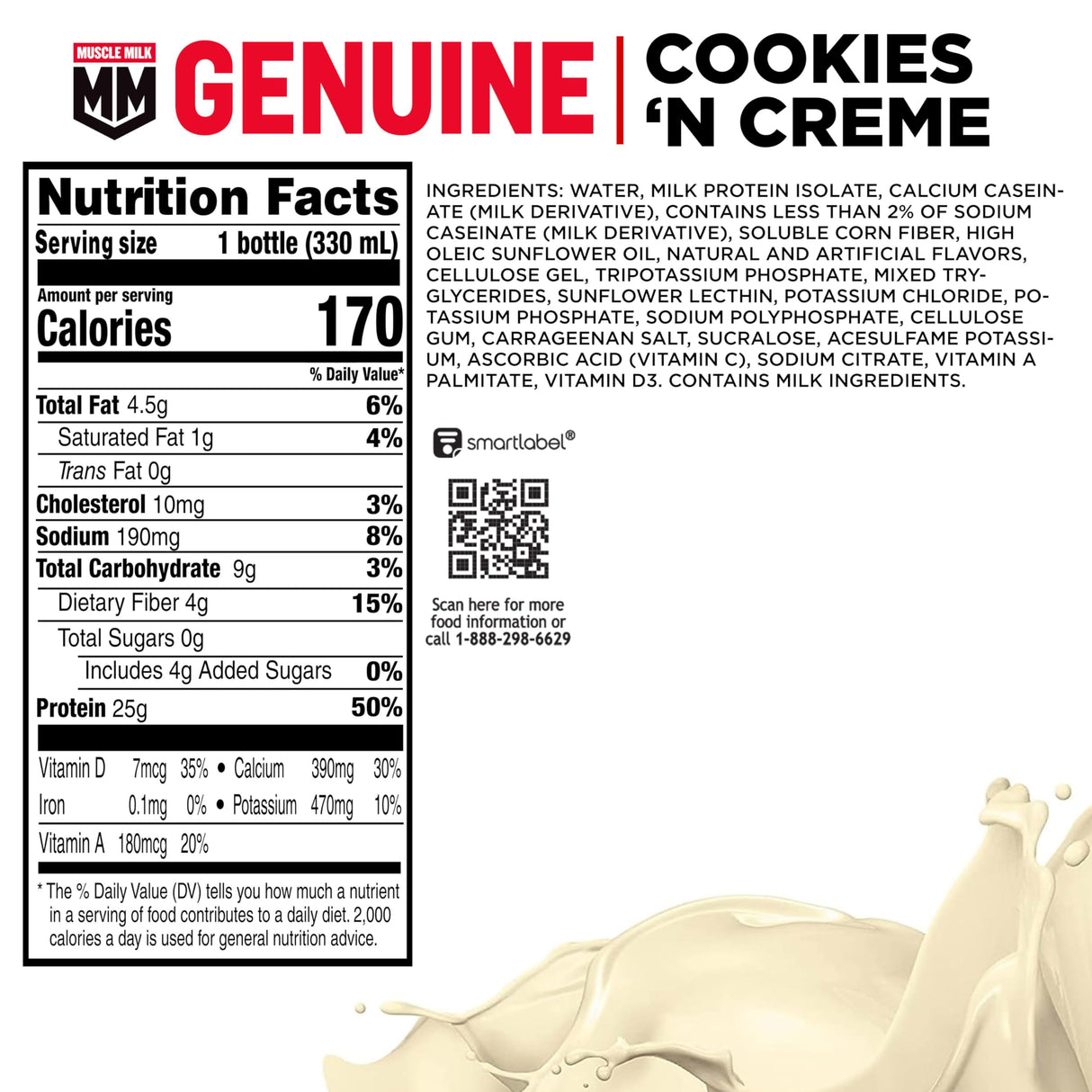Muscle Milk Genuine Protein Shake, Cookies and Creme, 11.16 Fl Oz Bottle, 12 Pack, 25g Protein, Zero Sugar, Calcium, Vitamins A, C & D, 4g Fiber, Energizing Snack, Workout Recovery, Packaging May Vary