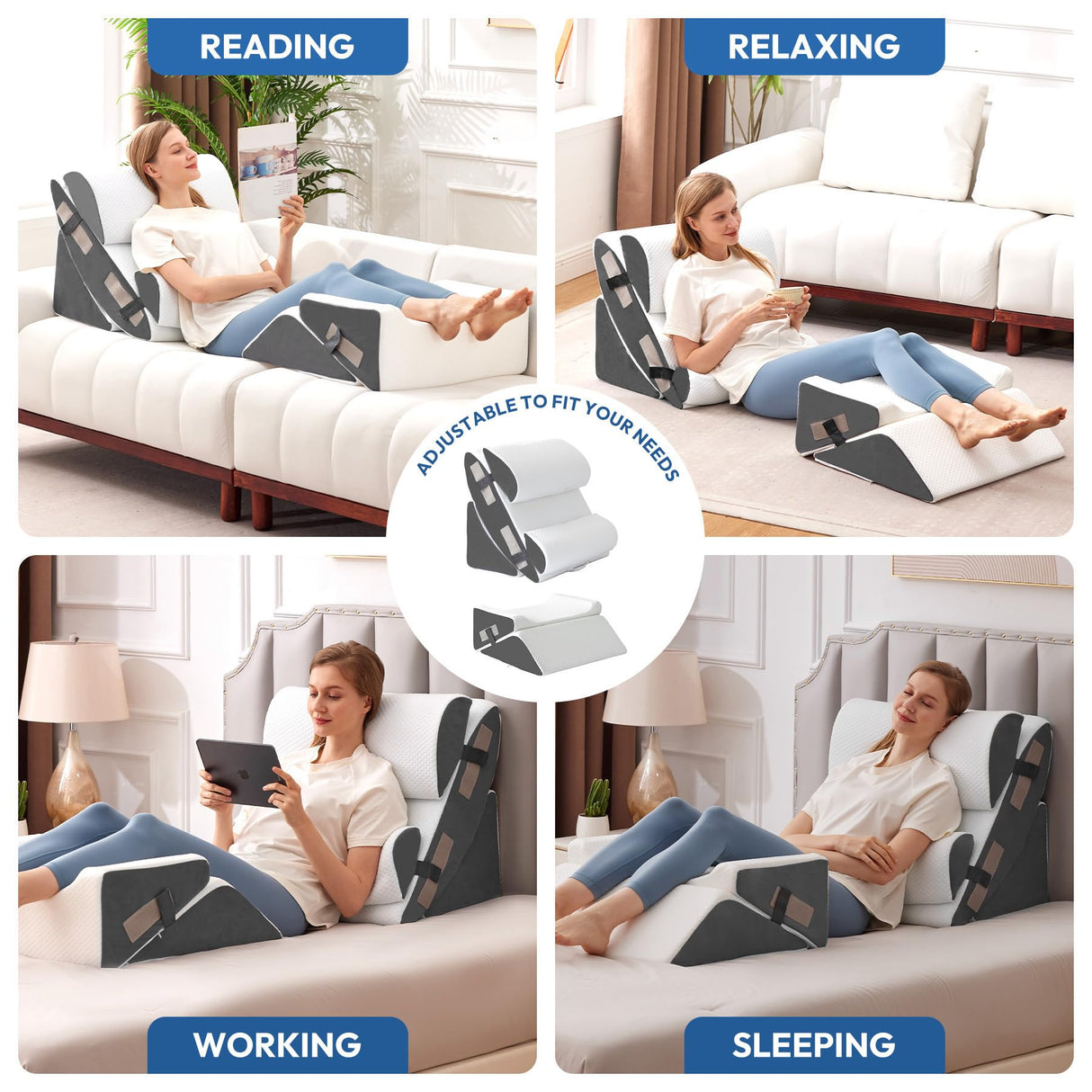 Ahpmeoa 6PCS Wedge Pillow Set for After Surgery, Bed Wedge Pillow Post Surgery, Wedges Pillows for Back Pain Relief, Acid Relux, Sit Up Pillow for Beds, Beds Wedges & Body Positioners, White/Grey