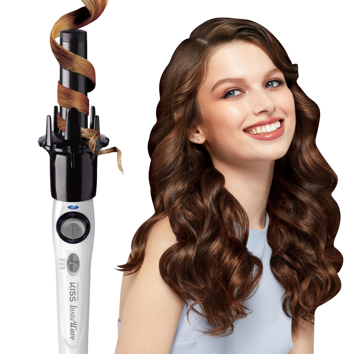 KISS Instawave Deluxe Automatic Rotating Curling Iron, Patented Automotic Spinner, 2-Way Rotation, 1” Ceramic Ionic Wand, Dual Heat Settings, 420° Max Temperature, Black & White