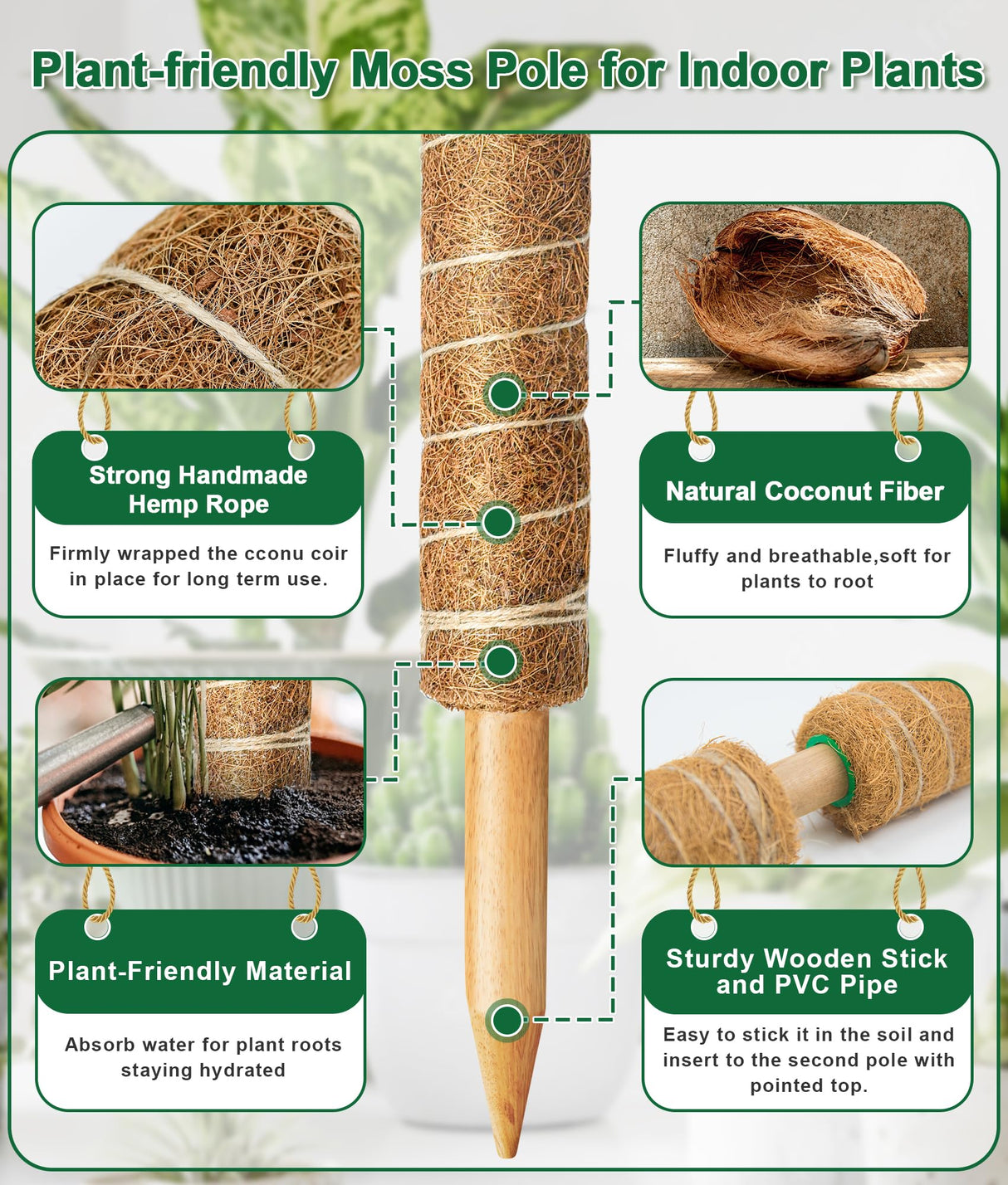 EAONE 96'' Moss Pole for Plants Indoor, 6 Pack 16” Monstera Plant Support Moss Stick for Climbing Plants, Stackable Coir Totem Pole Monstera Stakes with 12 Plant Labels & 100 Ties for Potted Plants