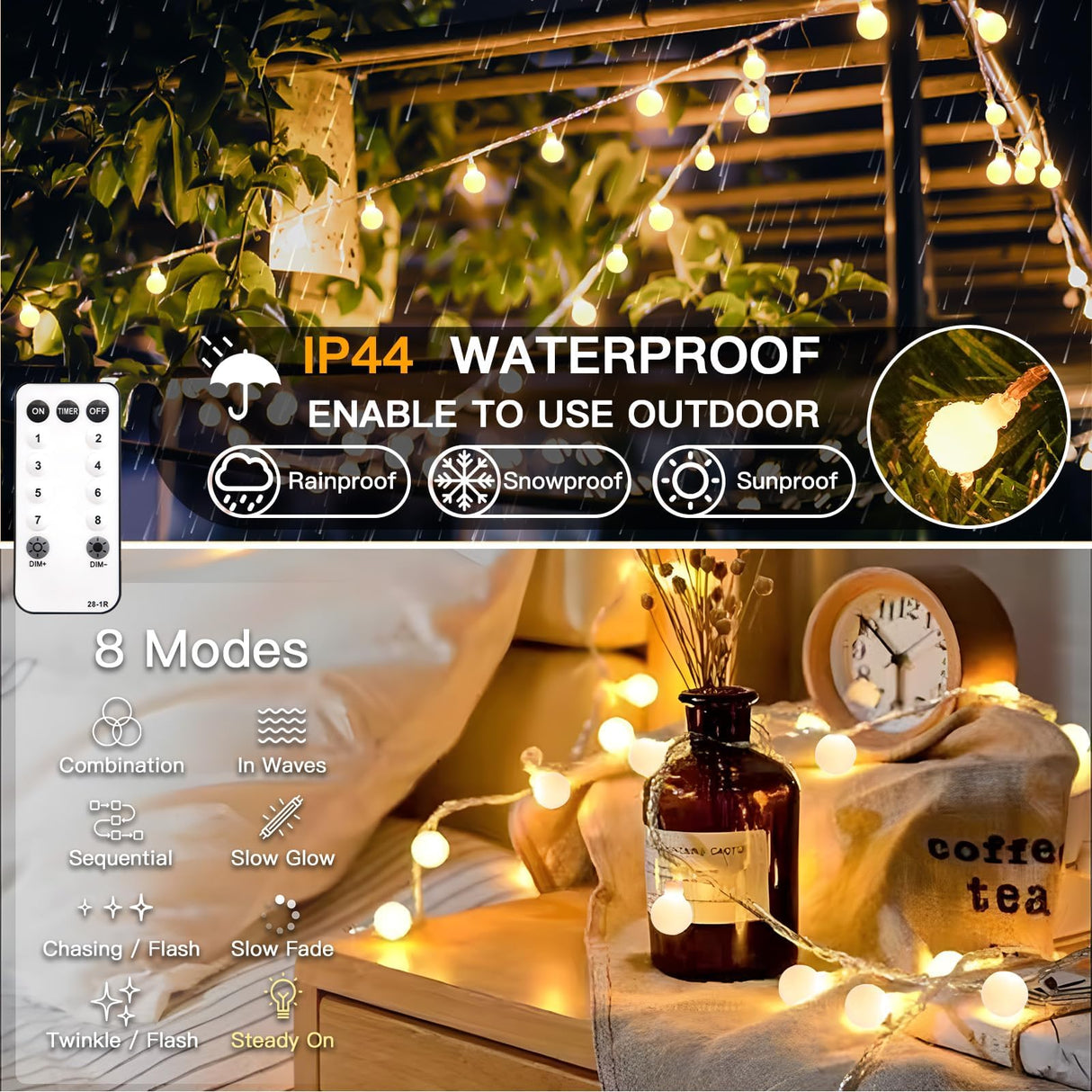 suddus String Lights for Bedroom, 33ft 100 Led Connectable Globe String Lights Indoor, Hanging Fairy Lights Plug in with Remote for Kids Room Dorm Classroom Outdoor Christmas Tree Decor, Warm White