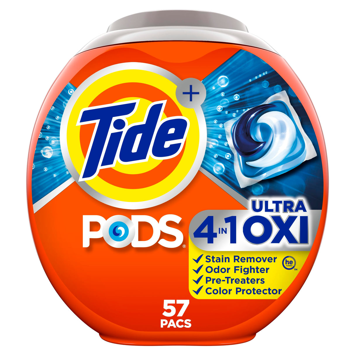 Tide PODS Liquid Laundry Detergent Soap Pacs, 4-n-1 Ultra Oxi, HE Compatible, Built in Pre-treater for Stains, 57 Count