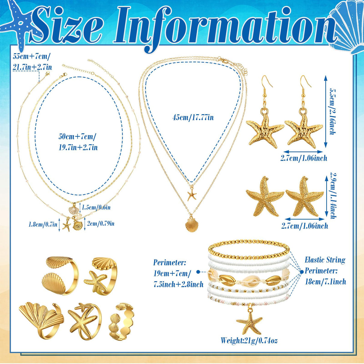 18 Pcs Seashell Starfish Jewelry Set for Women Seashell Earrings Rings Boho Mermaid Layer Charm Necklace Beach Bracelets Natural White Anklet Set for Summer Mermaid Accessories Gift(Gold,Shell)