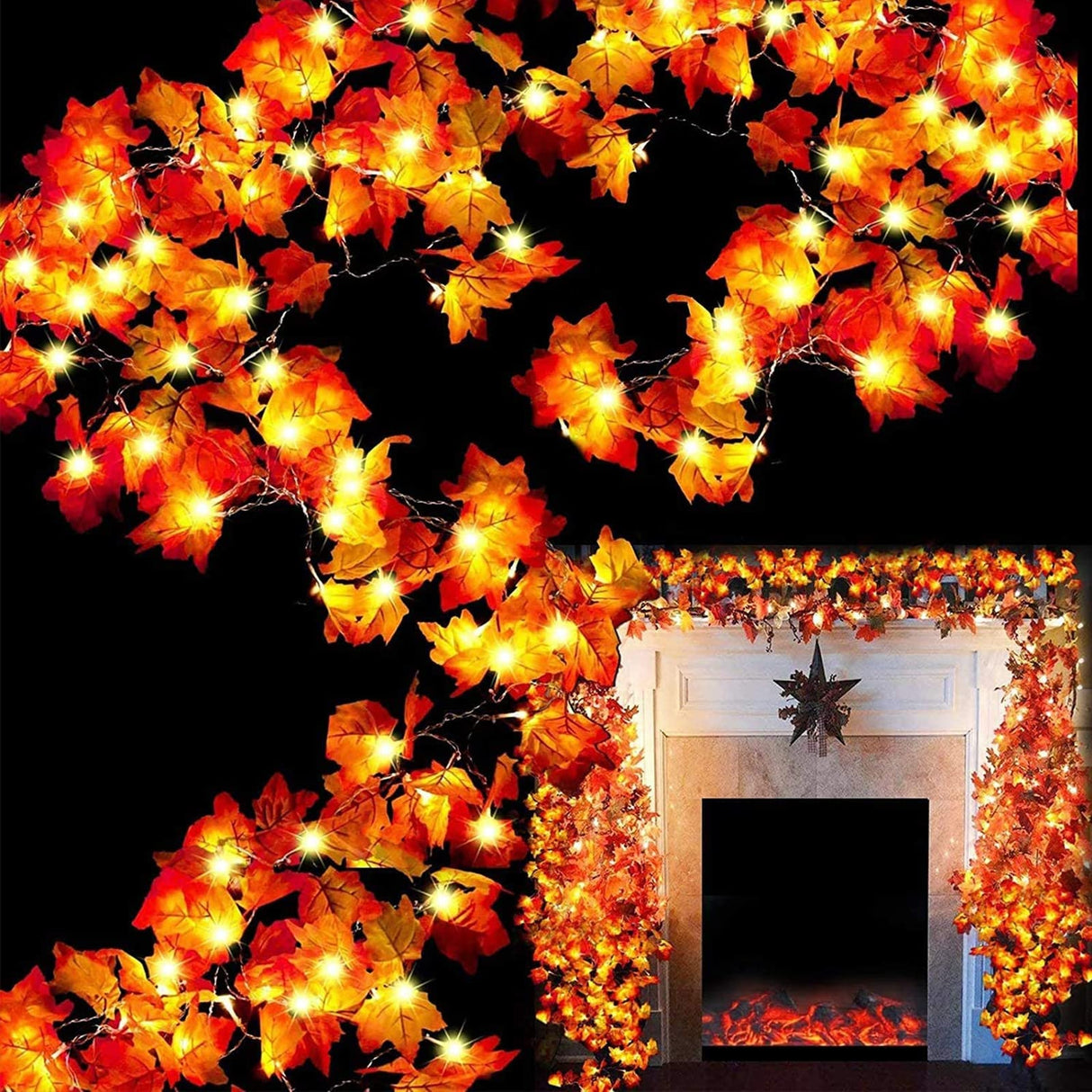 TURNMEON 6 Pack Fall Decor Enlarged Maples Leafed Garland, 60Ft 120LED Halloween Fall Decorations for Home Fall Lights Garland, Battery Operated Waterproof Thanksgiving Decor Indoor Outdoor Christmas