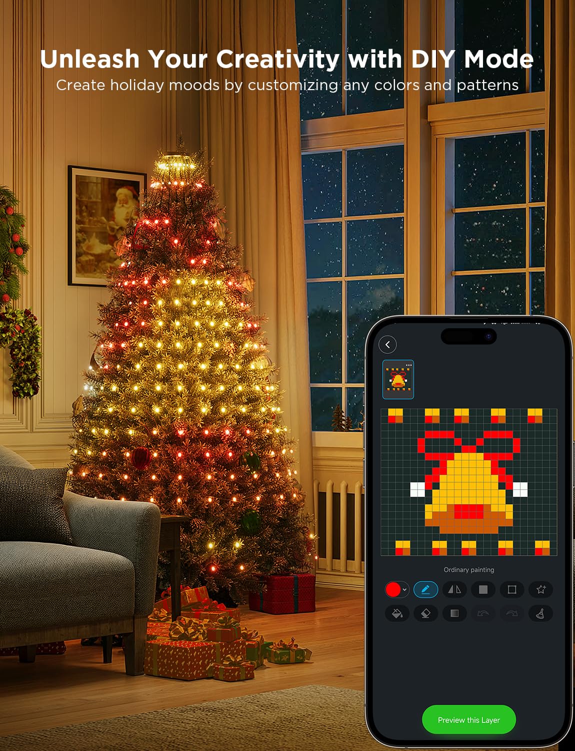 Govee Christmas Tree Lights, Smart RGBIC 480 LEDs Christmas Lights, 6.6ft × 24 String Lights for Holiday Decorations, Music Sync, Voice and APP Control, 60+ Scene Modes, Green Wire, Adapter