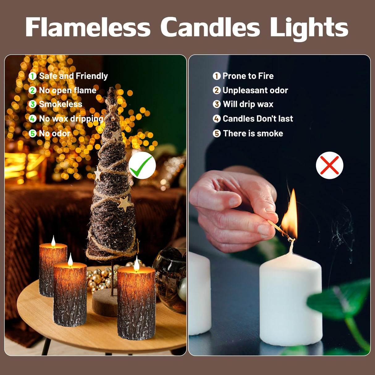 VEEKI Flameless Candles Lights, Set of 2 6"x3" Pine Bark Flickering LED Candles with Remote & Timer, Dimmable Pillar Candles Battery Operated, Real Wax Electric Candle for Christmas Winter Home Decor